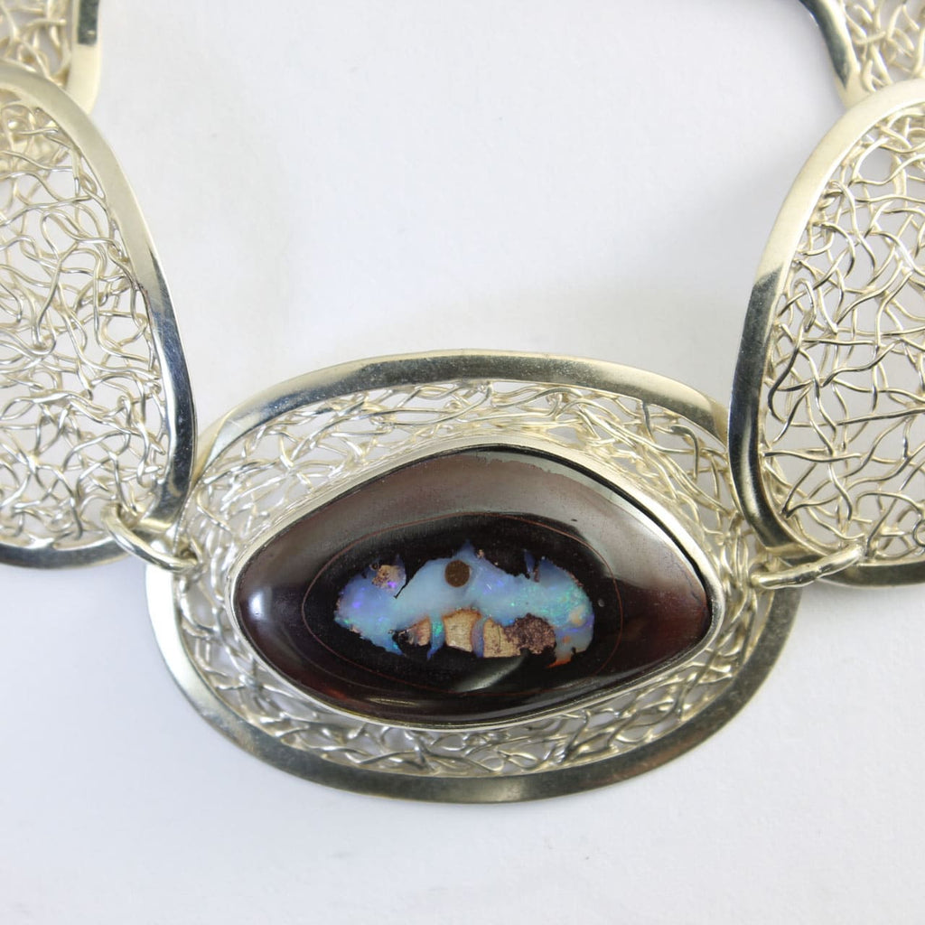 Solid Boulder Opal Sterling Silver Filigree Bracelet