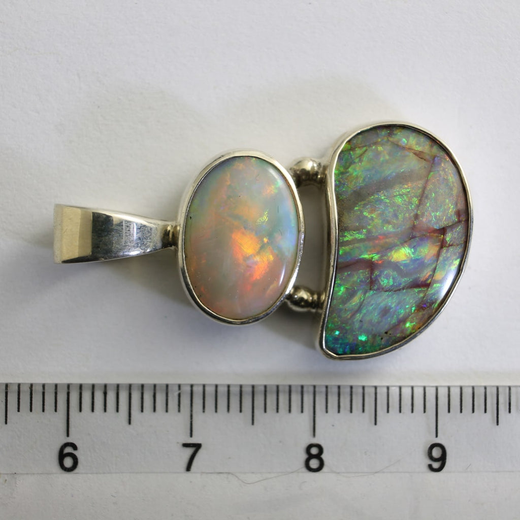 Solid Queensland Boulder & White Coober Pedy Opal Pendant in Sterling Silver Bezel