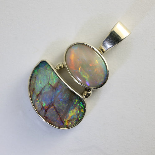 Solid Queensland Boulder & White Coober Pedy Opal Pendant in Sterling Silver Bezel