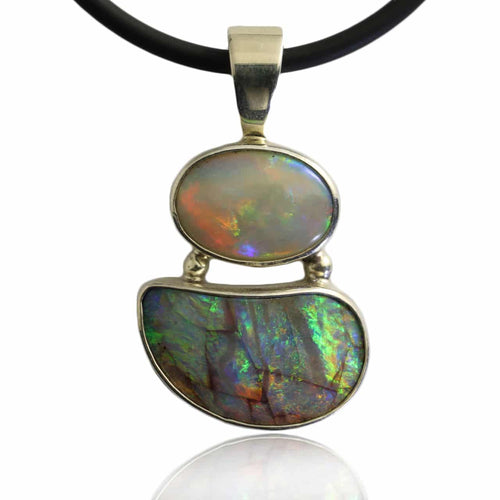 Solid Queensland Boulder & White Coober Pedy Opal Pendant in Sterling Silver Bezel
