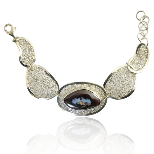 Solid Boulder Opal Sterling Silver Filigree Bracelet