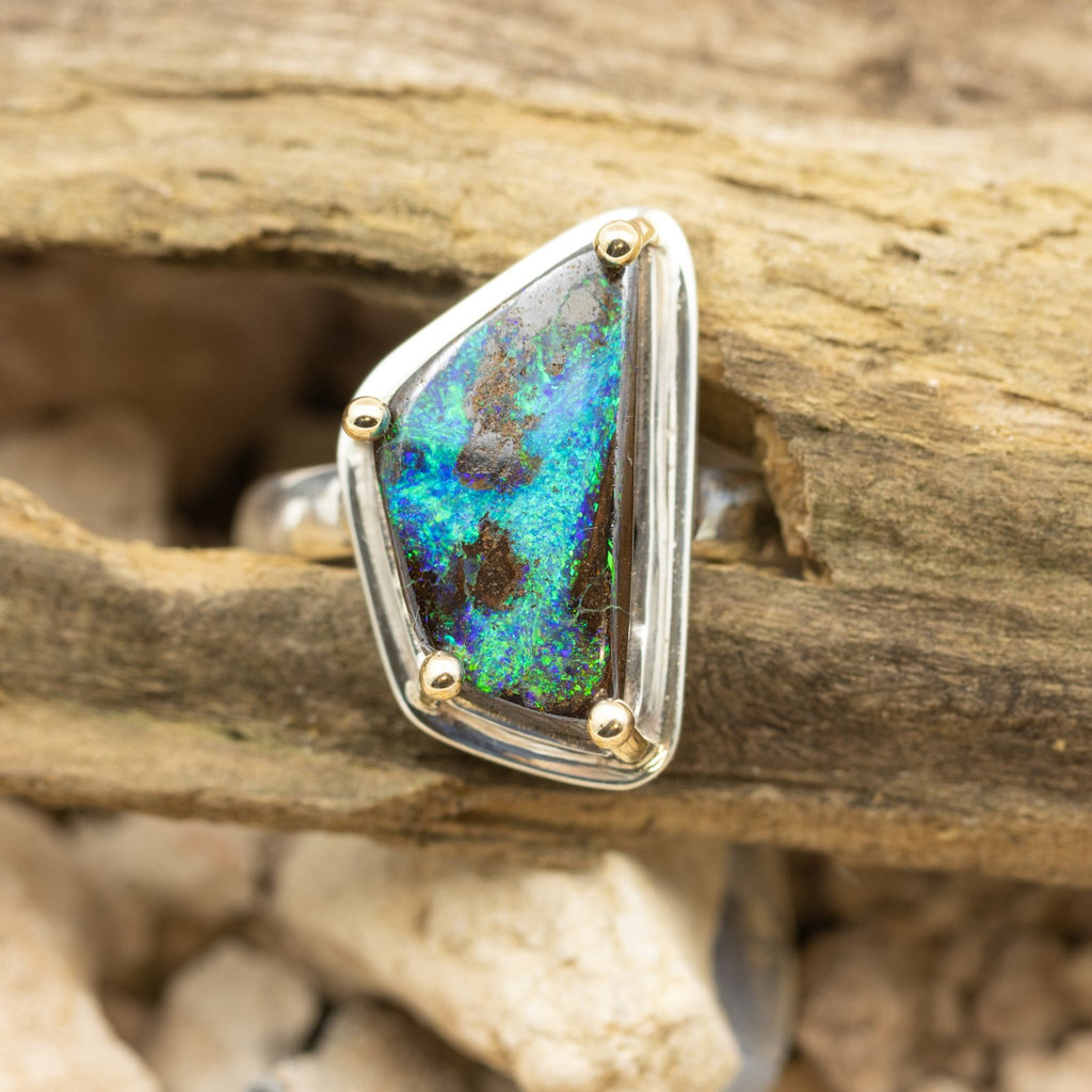 Solid Boulder Opal Sterling Silver Ring