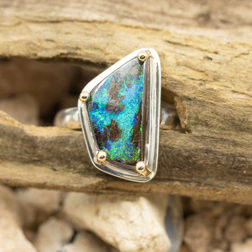Solid Boulder Opal Sterling Silver Ring